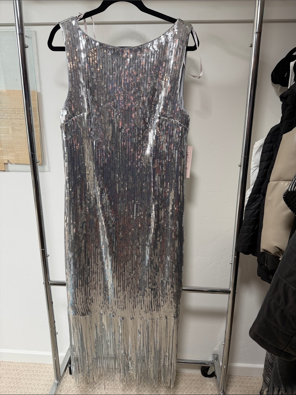 Nanette Lepore Silver Sequin Fringe Maxi Dress